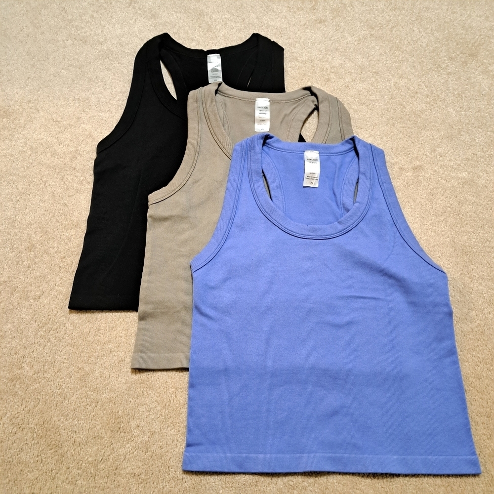Reflex Set Of 3 Tanks Racer Back Ribbed Seamless Black Taupe Blue Size Large